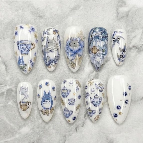 Handmade Totoro Tea Party Press On Nails, Vintage Porcelain Teapot Art, Blue & Gold Ghibli Nail Set, Elegant Bold Artistic Vibes