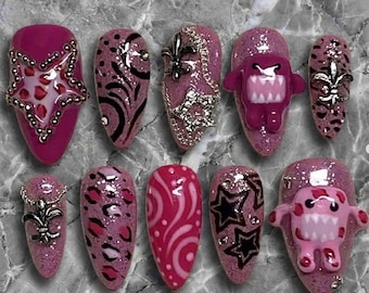 Handmade Y2K Maximalist Press On Nails | 3D Pink Monsters, Chains, Stars & Leopard Print | Medium Almond Shape For Edgy Grunge Mood