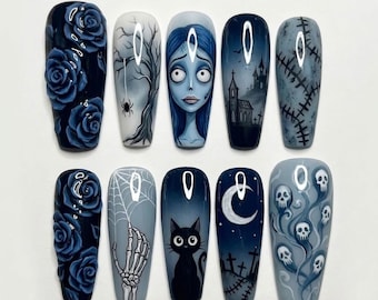 Handmade Corp.se Bride Press On Nails, Dark Gothic Blue Rose Nail Set, Spooky Halloween Skeleton Art, Nails For Tim Burton Vibes