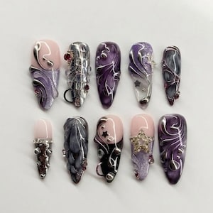 Handmade Y2K Gothic Press On Nails, Emo Grunge Pierced Nails, 3D Silver Chrome Custom Nail Set, Whimsical Starry Smoky Marble Nails