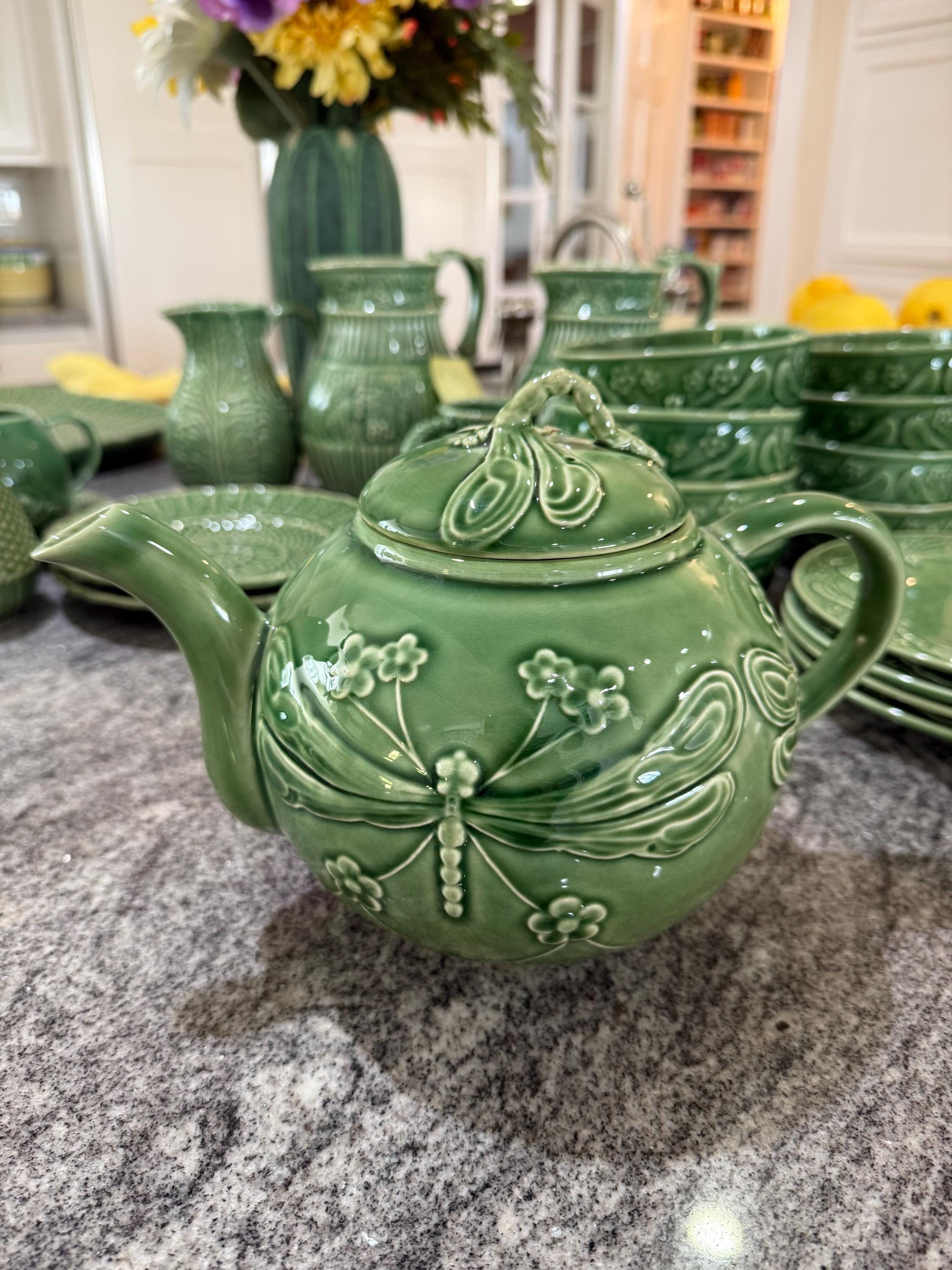 Rare World Market Green DRAGONFLY Teapot + Lid Portugal Ceramic