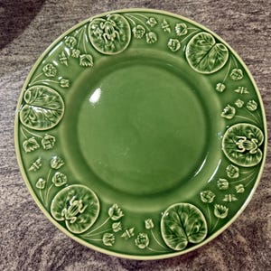 Può includere: Un piatto in ceramica verde con un bordo decorativo con ninfee e rane in rilievo. Il piatto ha una finitura liscia e lucida e un bordo leggermente rialzato. Il diametro del piatto è di circa 25 cm.