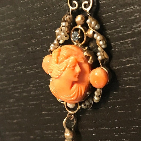14K Antique carved salmon coral cameo, natural seed pearls, sapphire-in beautiful high relief necklace