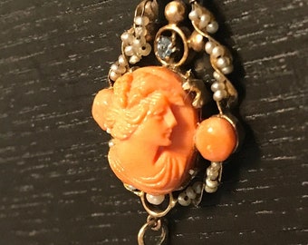 14K Antique carved salmon coral cameo, natural seed pearls, sapphire-in beautiful high relief necklace