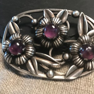 Mexikanische Brosche frühe 980 Taxco Silber seltene handgeschmiedete echte Amethyst Blume Anstecknadel.