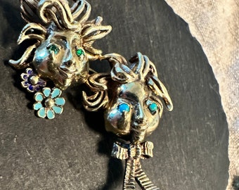 14k whimsical twin face wild hair enameled jeweled brooch-unique Mid Century