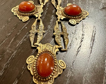 Antique Carnelian art glass brass Czech Necklace-lenght 15 1/2"