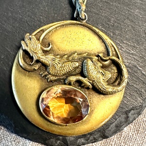 Art Nouveau Dragon Locket Large, glass bezel topaz jewel, snake ornate rare bale for 16.5" chain