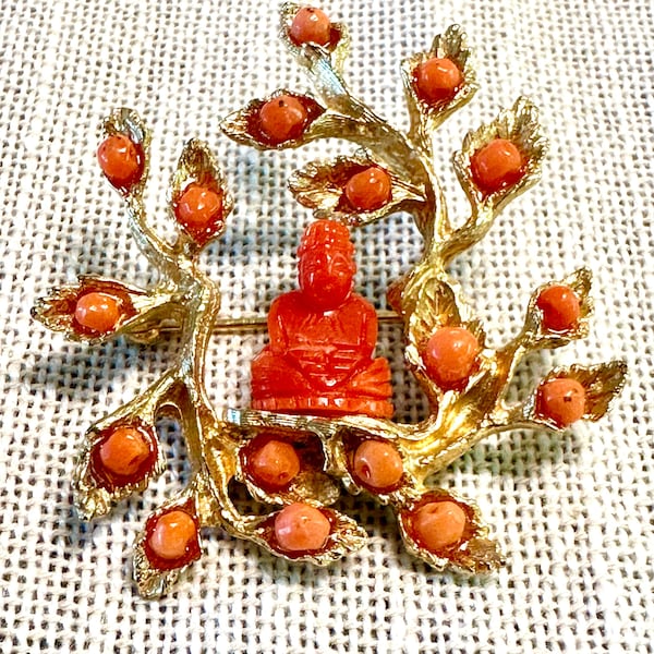 Swoboda Carved Coral Buddha Brooch -amidst goldplated floral coral jeweled tree natural salmon undyed Coral-Artistic creation-Spiritual