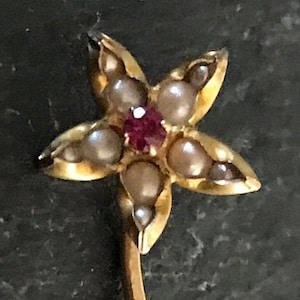 May include: A gold flower pin with a red gemstone in the center and white pearl accents.