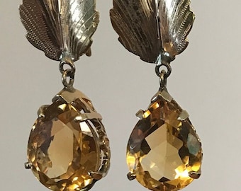 Antique 14kt leaf drop pear shaped genuine faceted citrine earrings