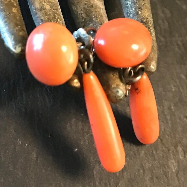 Victorian salmon undyed coral drop earrings-pierced screw wing post