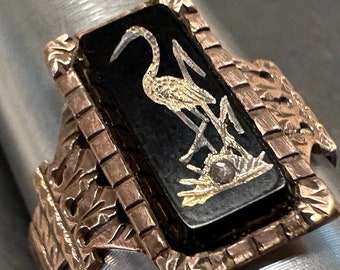 Lovely 14k ring- Victorian inlaid crane, rose cut diamond, in black onyx.  Size 9