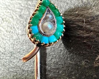 Gold Stickpin Victorian-Leaf -Turquoise Studded wit natural Pearls