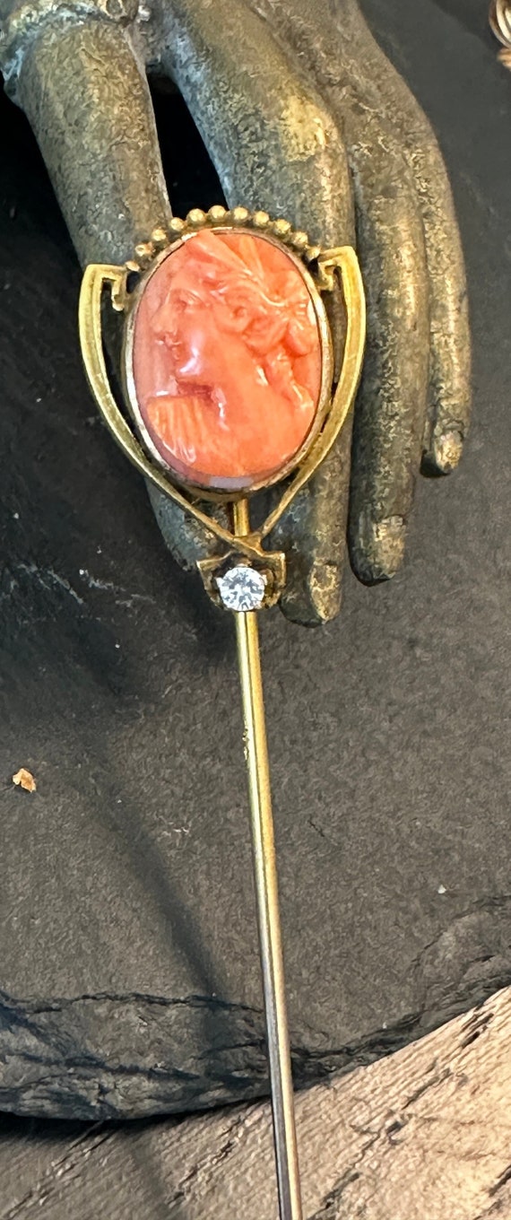 14k stickpin c-1910, beautiful carved Coral cameo,