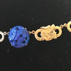 Dragon Art Nouveau lapis glass goldF fantasy Dragon designed necklace