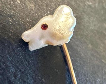14k Stick pin, Victorian natural Pearl animal head jeweled eye Unique