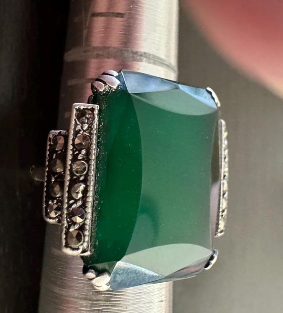 Deco ring Sterling Rectangular green Onyx marasci… - image 1