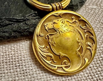 14k fob pendant, charm with fab top ring, Exquisite Art Nouveau Lion motif