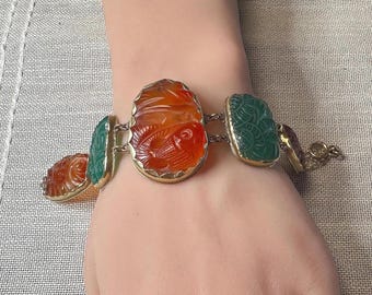 14k Bracelet early 1900s custom made -carved green onyx and Carnelian-unique 6 3/4"