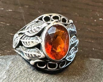 Sterling ring early 1900s deep Madera Citrine-hand made Art Nouveau small size 4