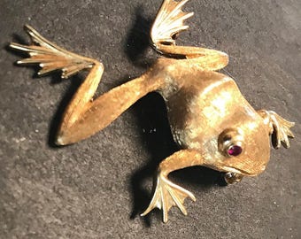 14k textured brooch leaping frog ruby eyes-fine quality and Whimsical
