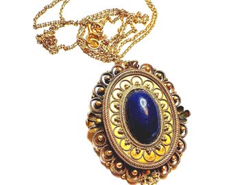 14k Necklace Victorian Etruscan revival, genuine oval deep blue Lapis cab 17"