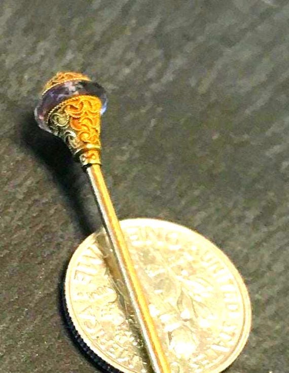 Vintage 14k*? Gold and Amythest Hat Pin Antique Victorian Edwardian 14K Gold Amethyst Glass Hat Pin  main image 2