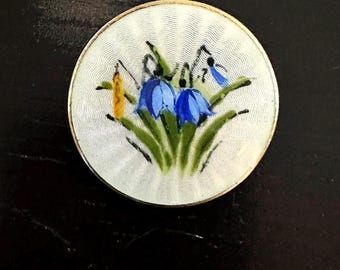 Sterling brooch Norway Mid Century enameled Bluebells