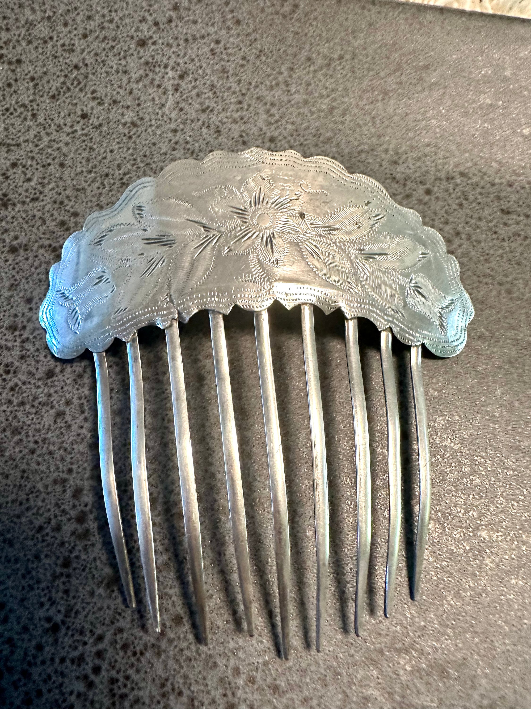 Sterling Victorian hair comb, hand fabricated with floral engraved motif