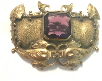 Art Nouveau Sash pin , Beau Arts style brass gilt-large glass faceted Amethyst-with Iris, papyrus flowers, dolphins- versatile buckle brooch