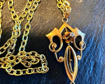 10K Lavaliere Necklace, delicate Art Nouveau inspiration w/Diamond 16"