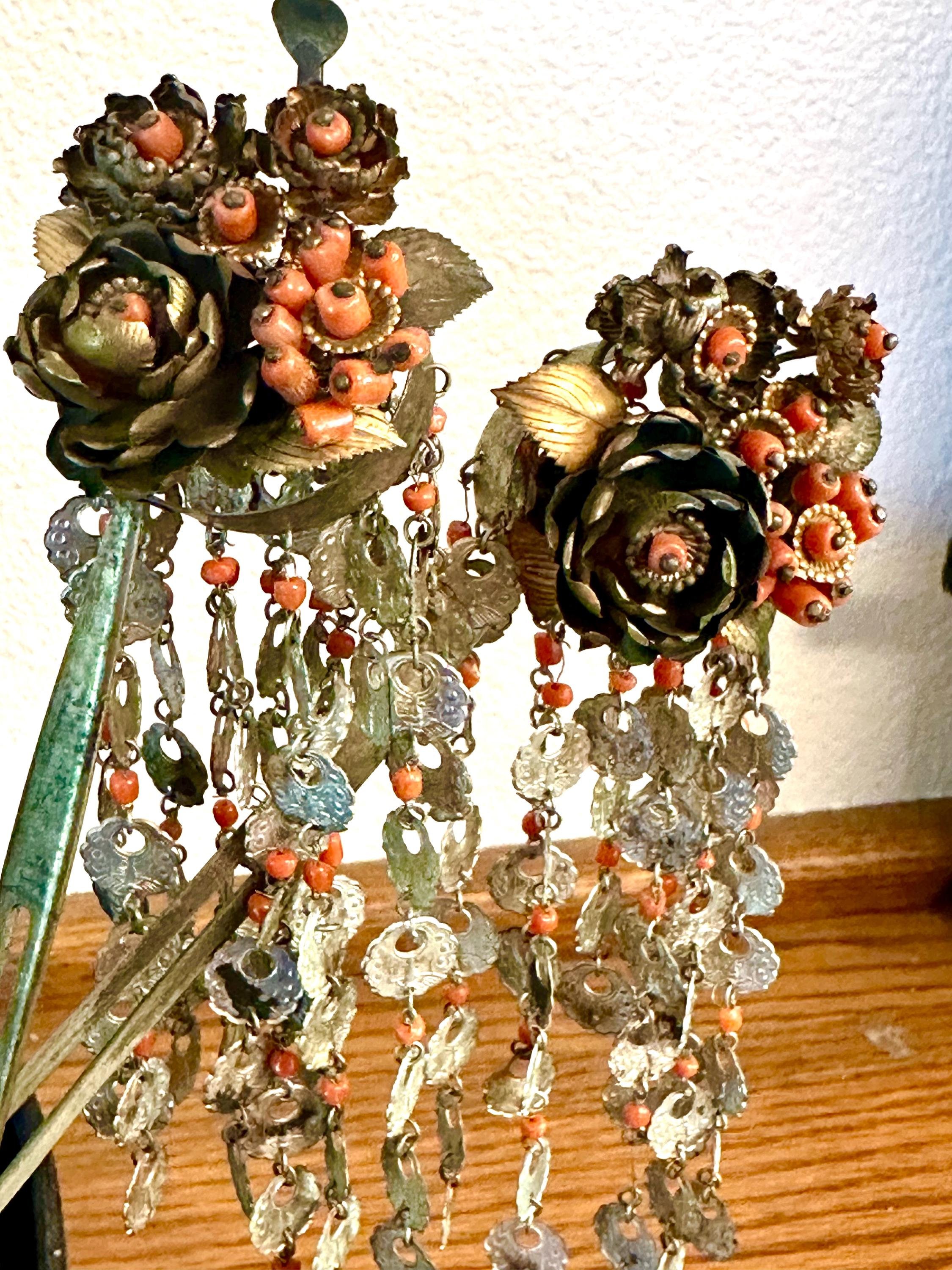Hair Ornaments Antique Japanese Pair of Genuine Coral Floral