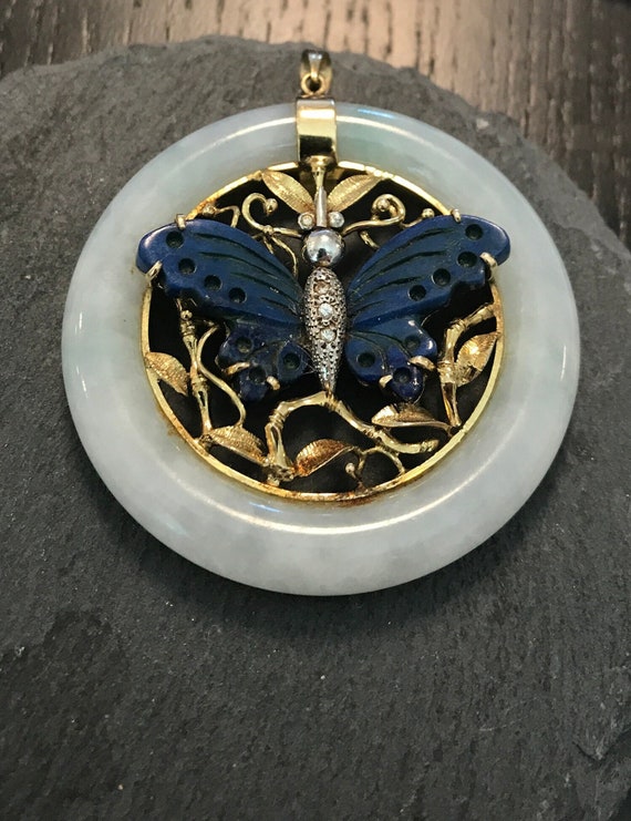 14k yellow gold, jade, lapis carved butterfly, di… - image 1
