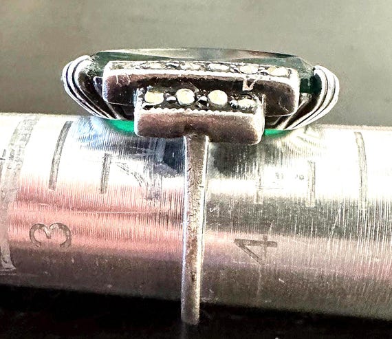 Deco ring Sterling Rectangular green Onyx marasci… - image 4