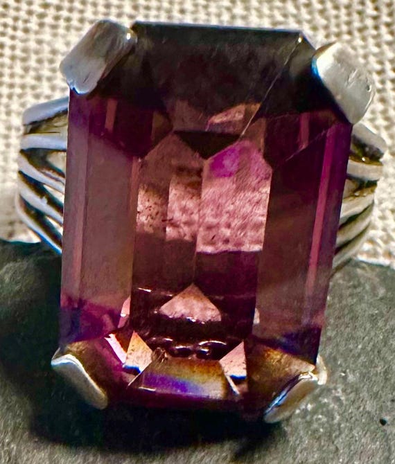 Sterling ring bold Large Amethyst Rectangular pas… - image 2