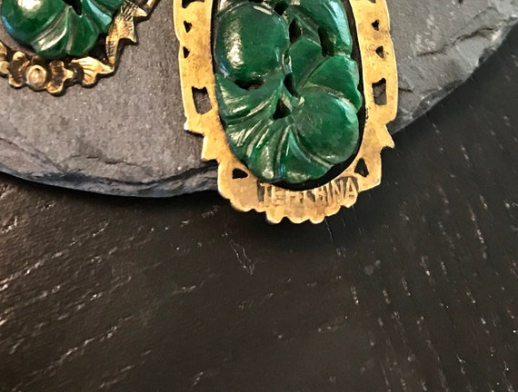 Boucles D'oreilles Anciennes Chinoises - Jade Sculpté Et Or - Style Vintage Asymétrique