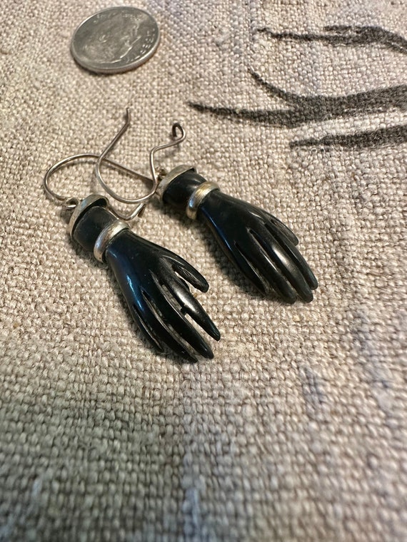 Artist made black hand silver dangle earrings pier
