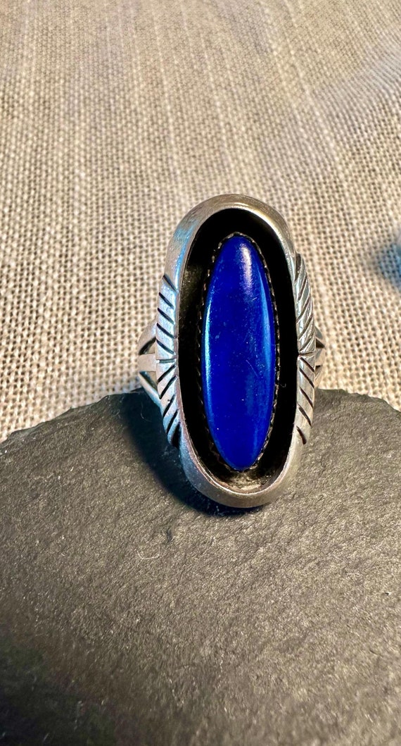 Navajo Sterling Lapis Ring Signed H S( Herman Slinkey), Awesome