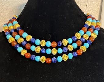 Egyptian Necklace Triple strand statement, enameled, Carnelian Lapis Turquoise beads 18"