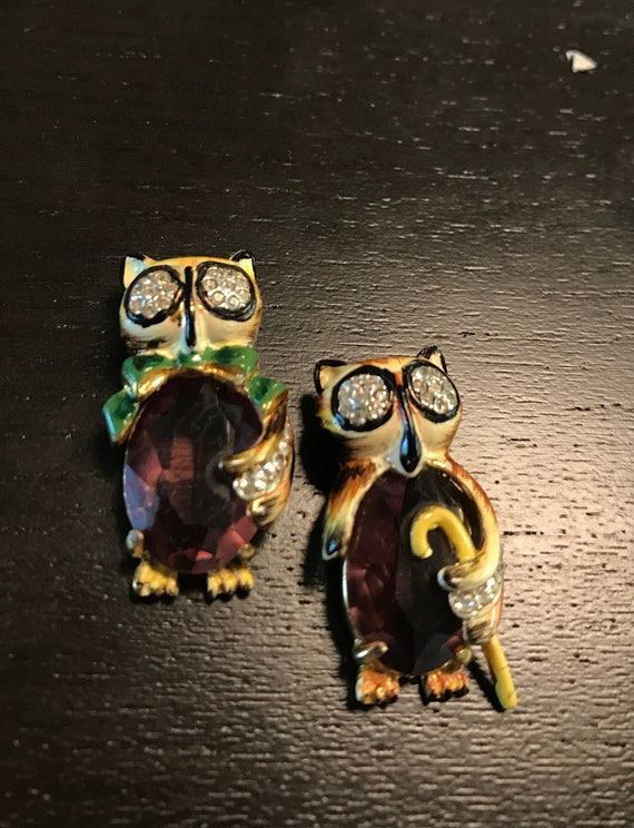 Rare sterling OWL vintage enameled jeweled pair of