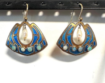 Sterling Earrings drops vintage Art Nouveau enamel opals, pearls