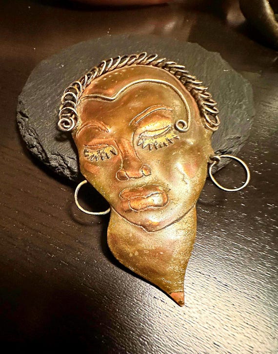 Brooch artist hand fabricated Large Modernist face- Copper, silver-Artistic unique creation