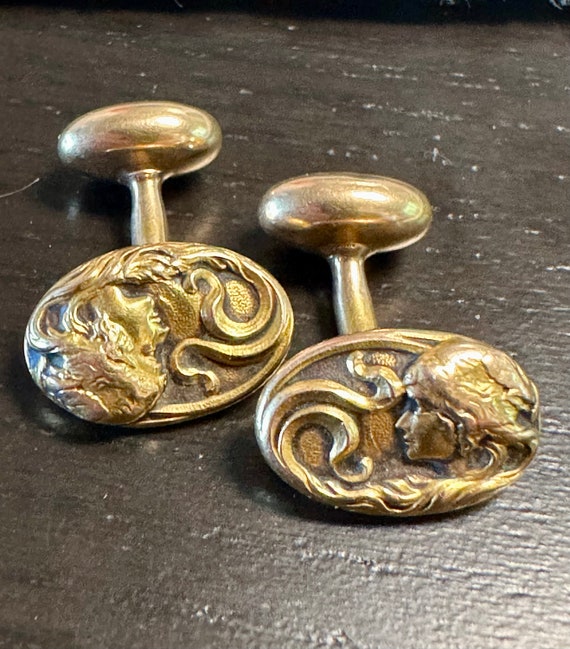 14k solid gold cufflinks antique Art Nouveau-love… - image 3