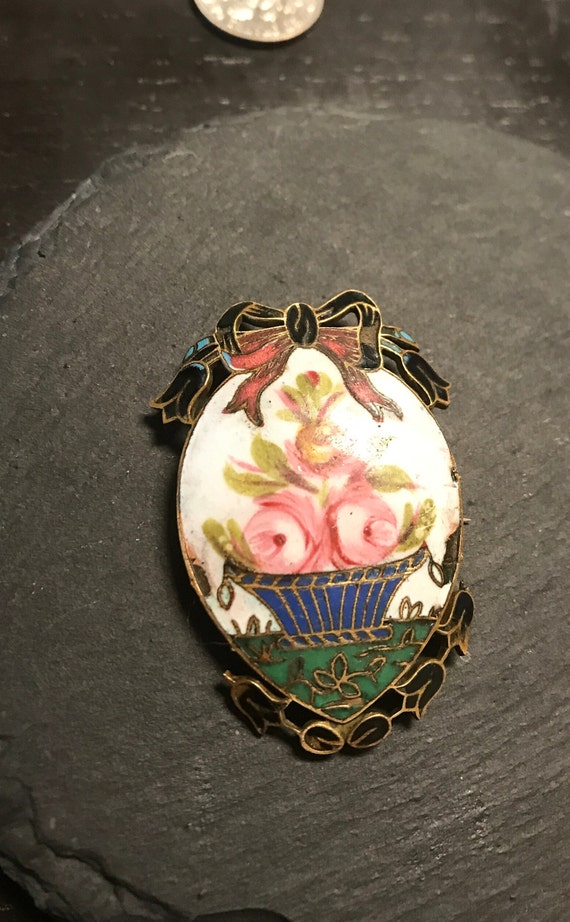 Edwardian rose enameled rare enameled brass brooch
