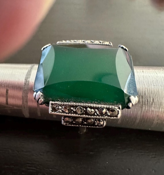 Deco ring Sterling Rectangular green Onyx marasci… - image 2