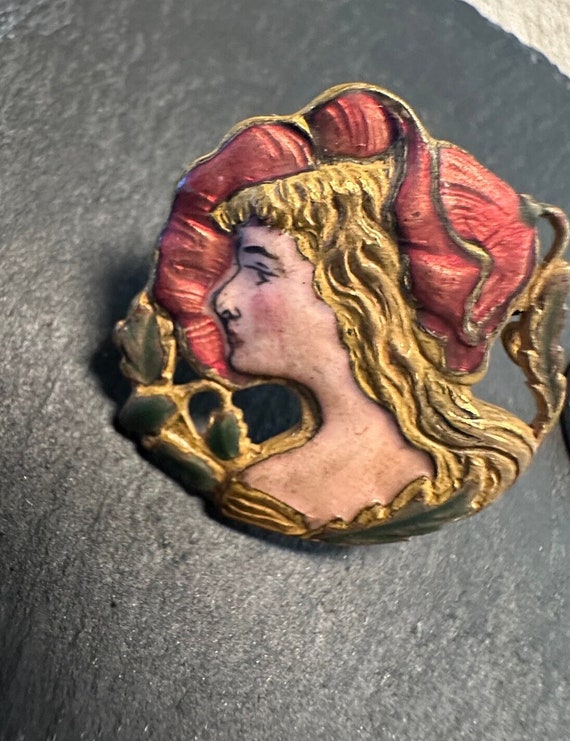 Original Art Nouveau brooch -poppy woman-matt enam