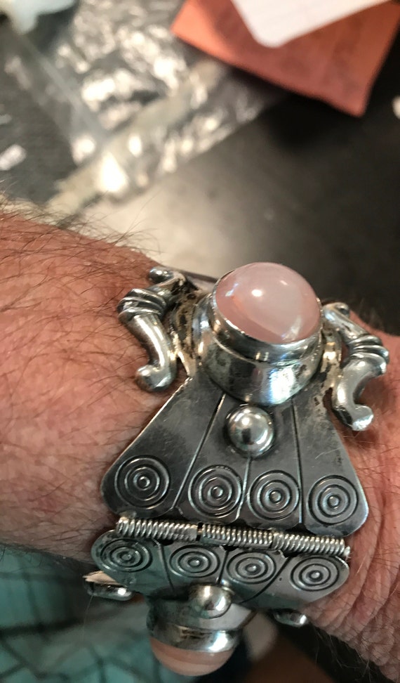 EARLY Silver Mexican wide Agate Link Bracelet- 7" - image 3