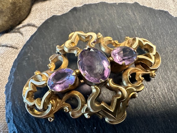 10k tiered large Brooch with 3 genuine Amethyst-V… - image 1