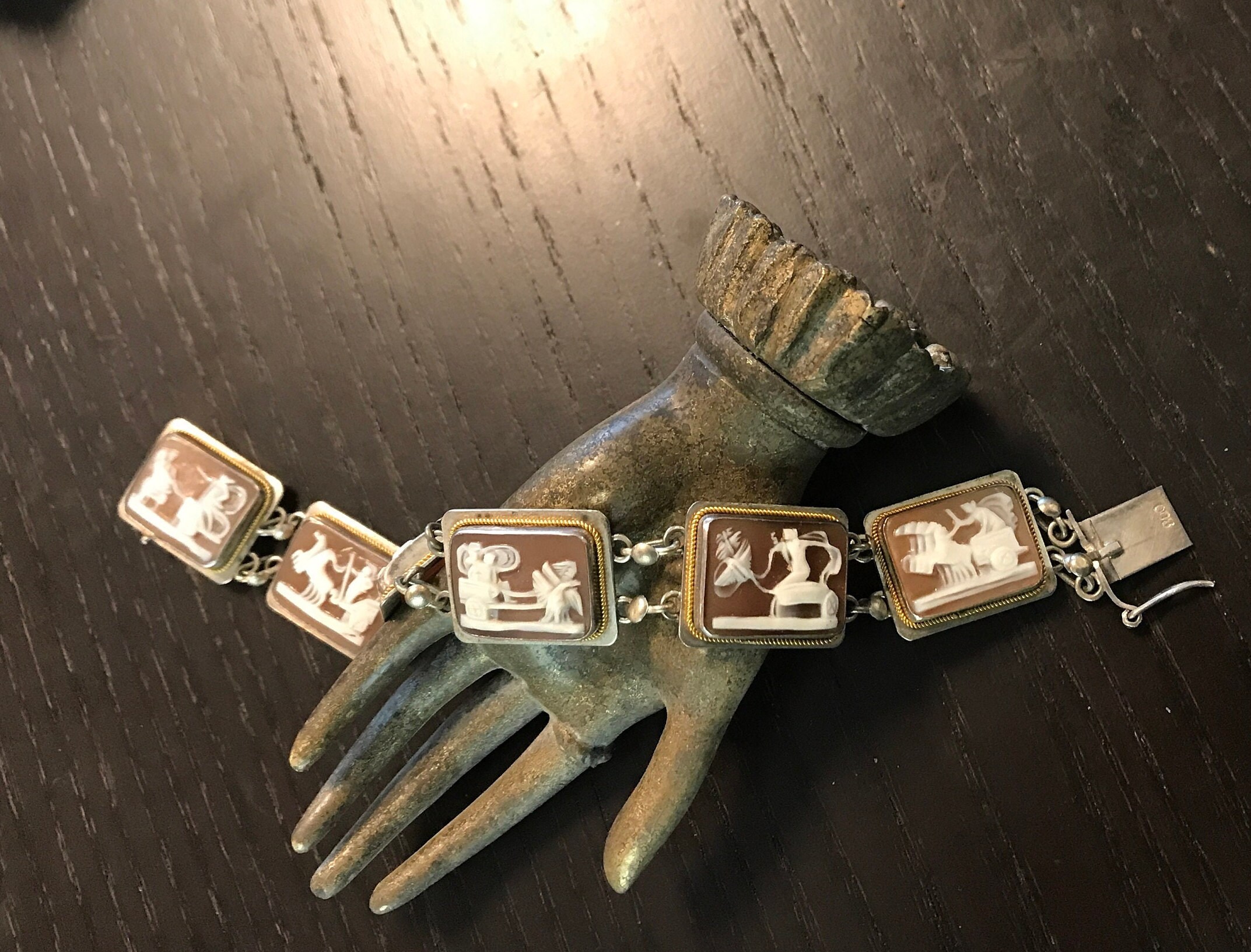 Cameo Silver Bracelet -6 Detailed Hand Carved Scenes-vintage